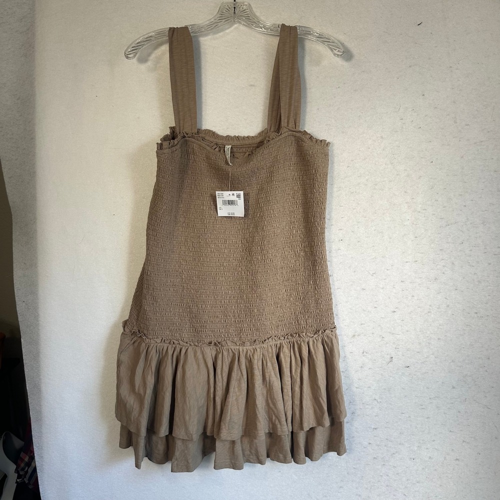 American Eagle Smocked Mini Dress Tan Brown Tiered Ruffle Cotton NWT Large